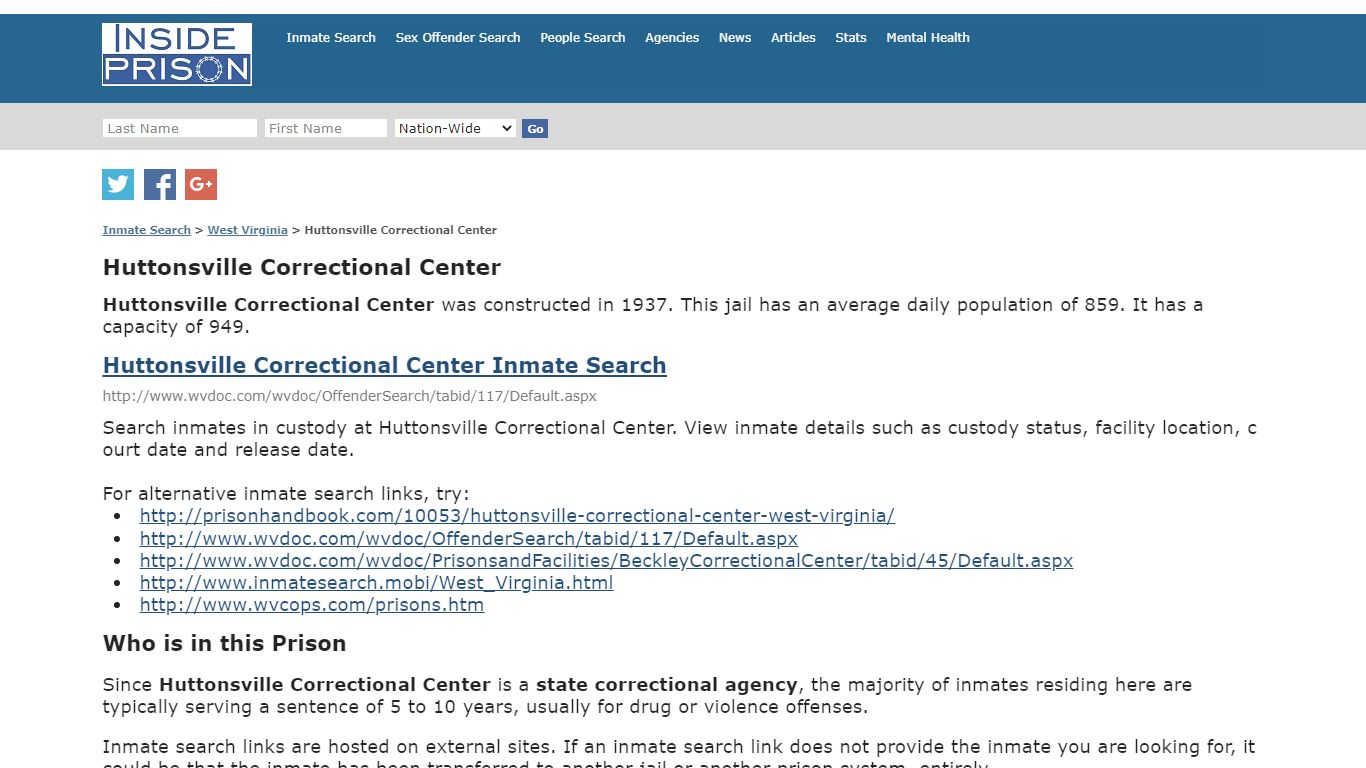 Huttonsville Correctional Center - Inmate Search